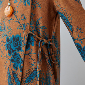 RM24872#新款连衣裙女长款德绒高领气质长袖大码裙民族印花裙子女