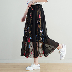 RM24858#复古民族风刺绣半身裙 春夏女气质中长裙 网纱绣花大摆裙女