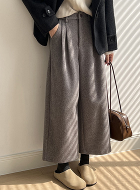 言双 复古高腰毛呢阔腿裤女秋冬韩系百搭宽松直筒长裤九分裤82181