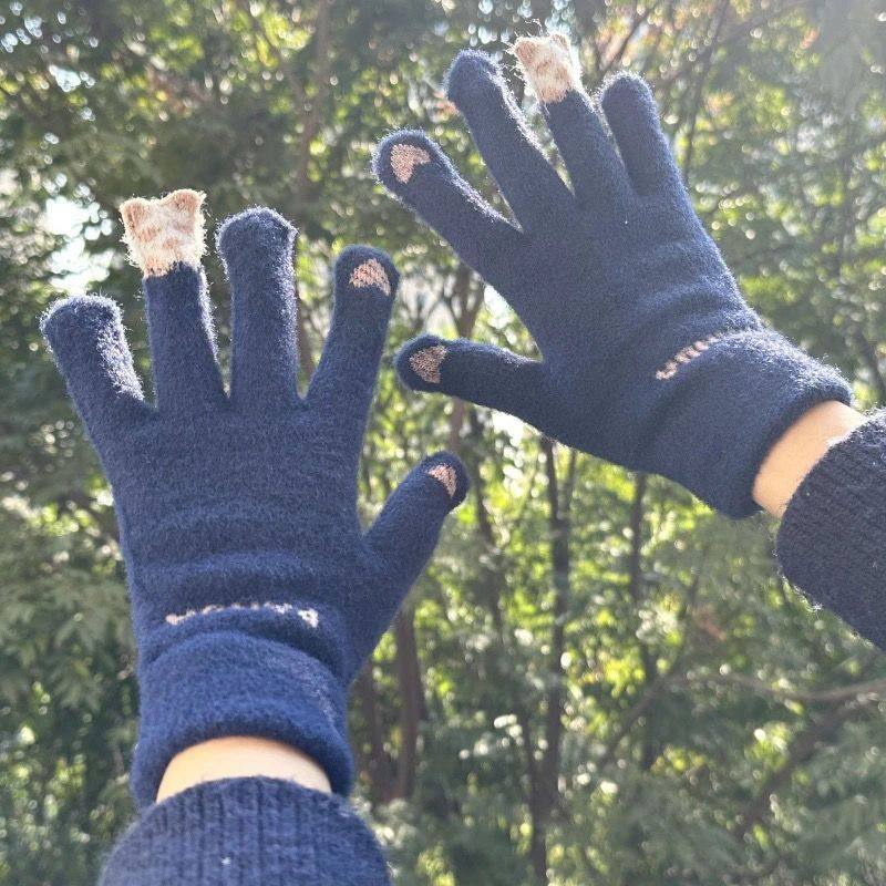 手套秋冬季女保暖学生韩版可爱加绒加厚骑车五指防寒可触屏棉手套