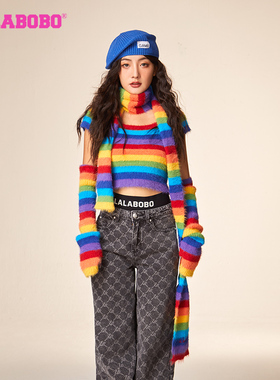 中国风LALABOBO秋季新品百搭毛毛条纹短袖套头毛织女|LBCD-WSTM62