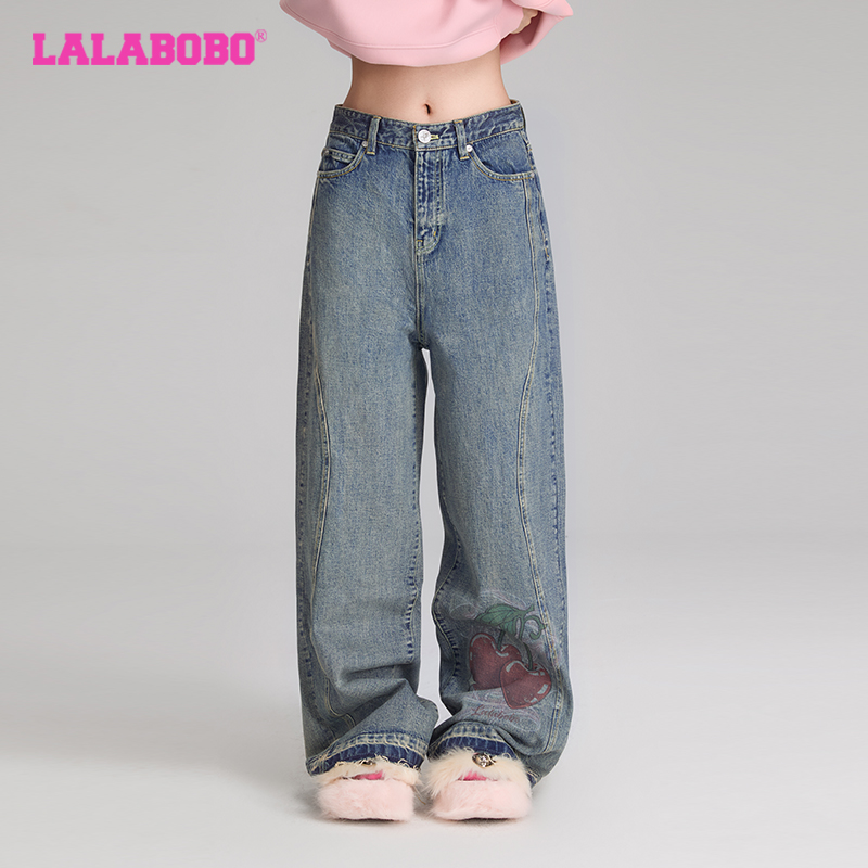 LALABOBO贺峻霖樱桃图案牛仔裤