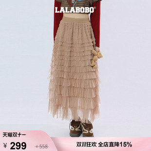 【立体小熊】LALABOBO半身裙女26秋新多层网纱荷叶边显高蓬蓬长裙