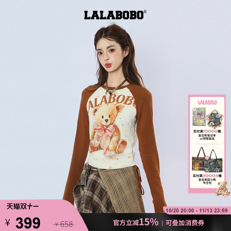 LALABOBO蝴蝶结小熊修身长袖T恤