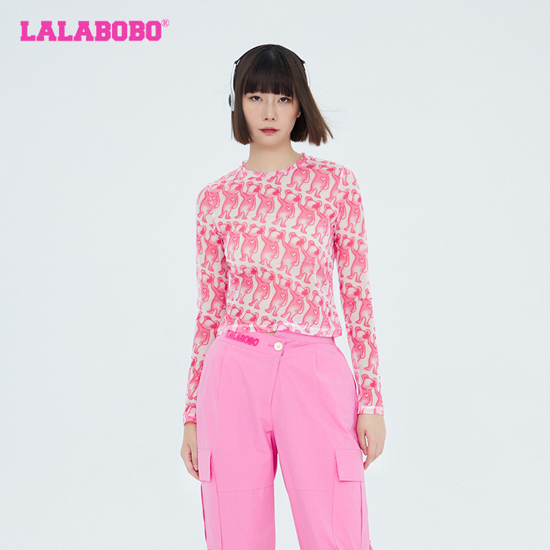 LALABOBO秋季新品可爱时尚女团风潮流网纱薄款上衣长袖T恤女
