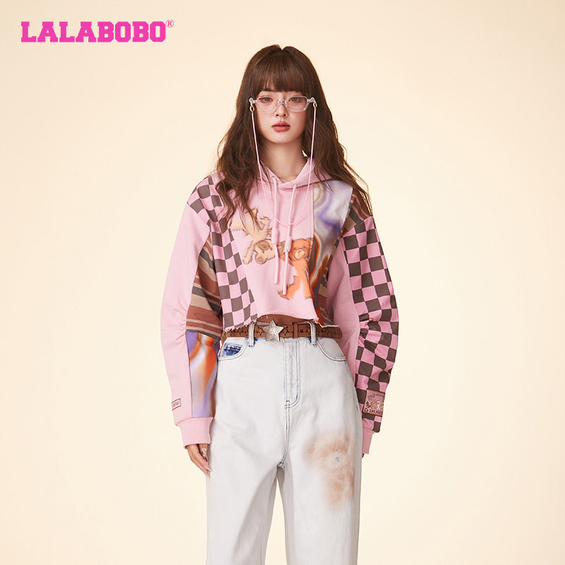 LALABOBO26春夏韩系慵懒风小熊拼接格纹套头连帽卫衣|LB