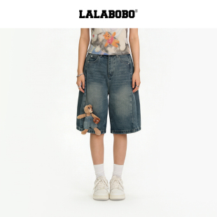 显腿长裤 26年夏新原创直筒五分裤 LALABOBO牛仔短裤 子 玩偶小熊