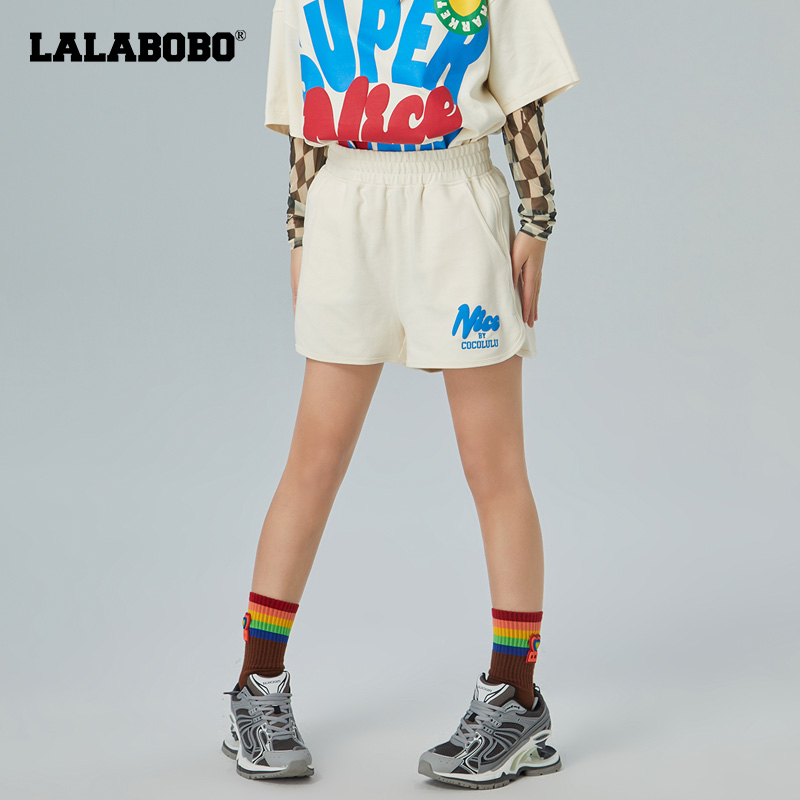 LALABOBO松紧腰字母印花休闲短裤