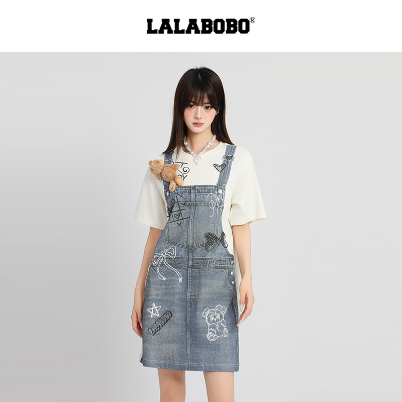 李嘉诺同款玩偶熊LALABOBO26年T恤牛仔连衣裙新款女原创印花裙子