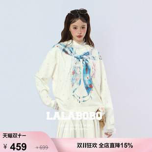 【浪漫美式】LALABOBO卫衣女26冬潮假两件白碎花连帽套头宽松上衣