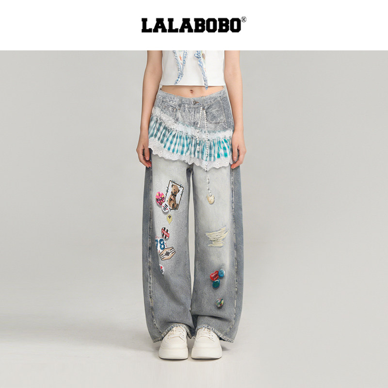 【视错】LALABOBO假两件牛仔裤26年夏新原创慵懒风破洞显腿长裤子