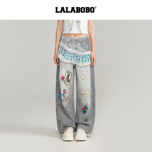LABO复古视错假两件蓝格牛仔裤