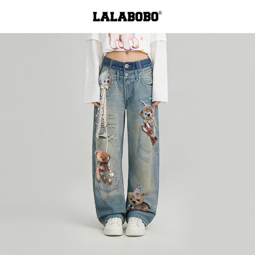LALABOBO捉迷藏小熊弯刀牛仔裤