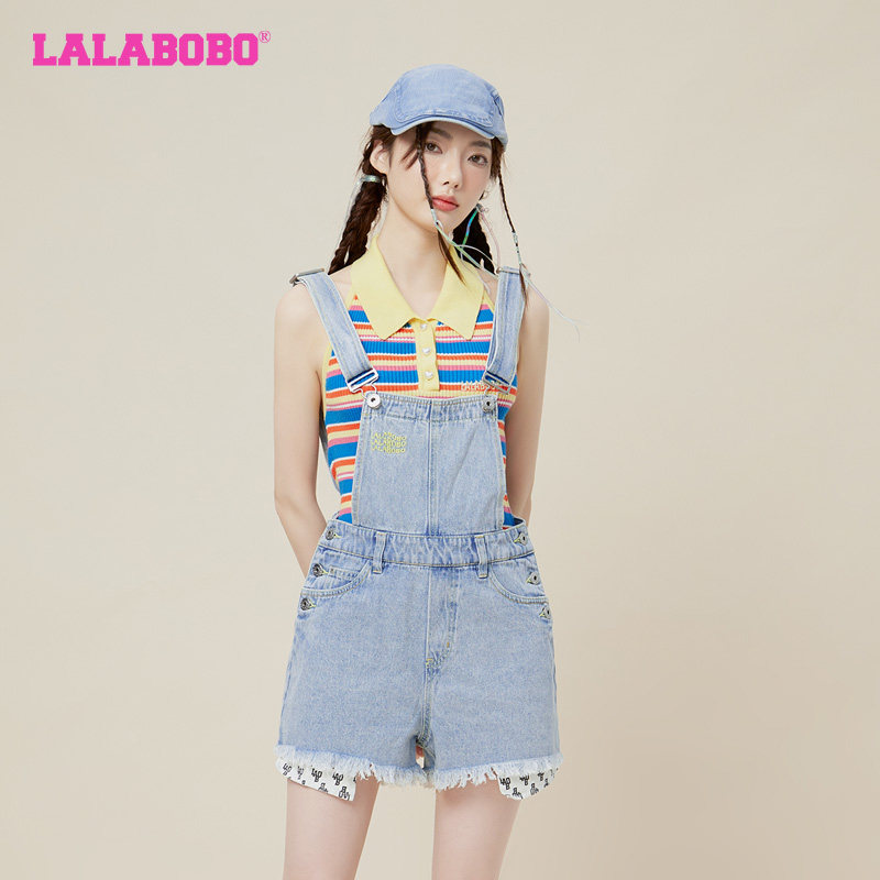 LALABOBO春夏新品潮流夏日海滨A型牛仔背带三分短裤|LBCB-WLZT12