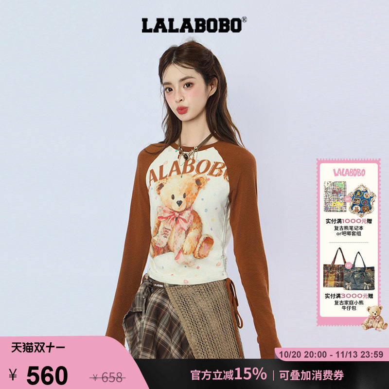 LALABOBO蝴蝶结小熊修身长袖T恤