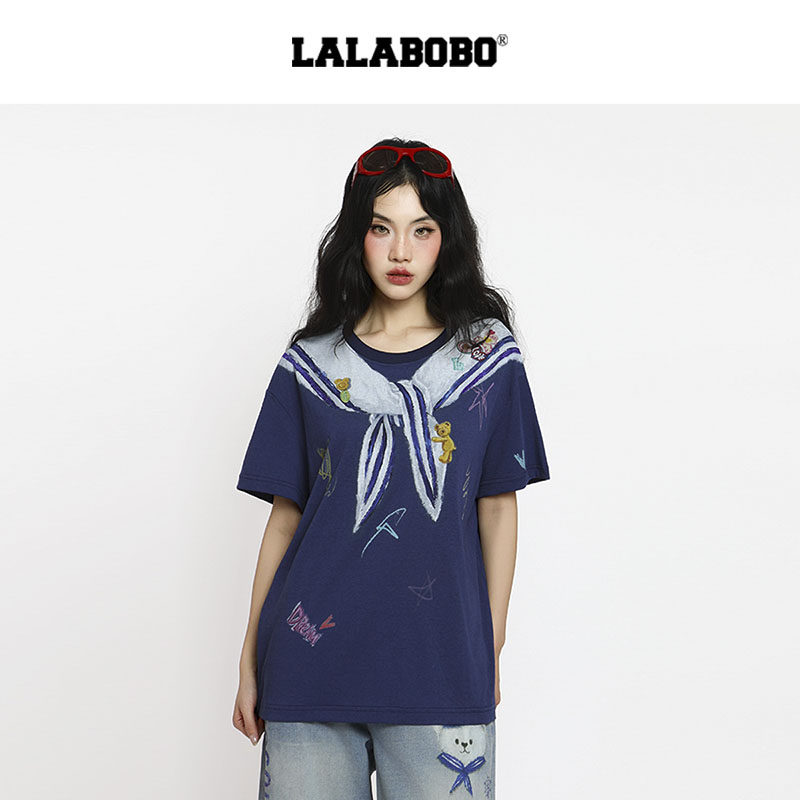 【海洋来信】LALABOBO假两件短袖T恤26年夏新原创校园风涂鸦上衣 - 实物图