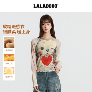 T恤25年冬新原创修身 LALABOBO长袖 显瘦保暖印花外套 暖感面料