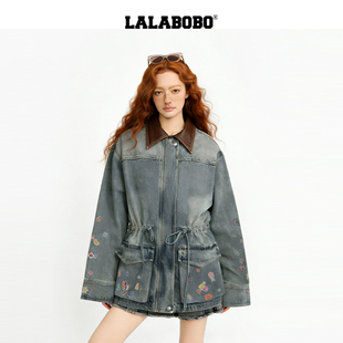 【商场同款】LALABOBO牛仔皮领夹克外套26年春新原创抽绳印花上衣