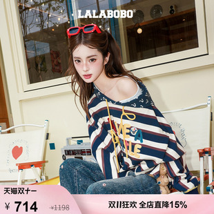 【假日无解】LALABOBO卫衣女26秋新条纹假两件字母贴布绣连帽上衣