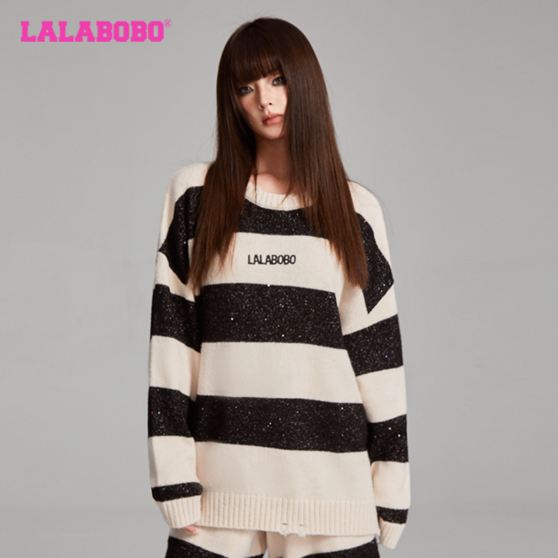 LALABOBO张紫宁条纹圆领毛针织衫