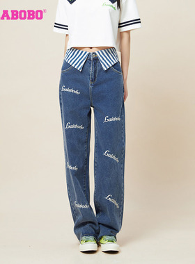 LALABOBO秋季新品潮流百搭海军风翻腰阔腿牛仔长裤女|LBCA-WXZC35