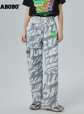 LALABOBO秋季新品潮流百搭热成像熊满印阔腿牛仔长裤|LBCA-WXZC21