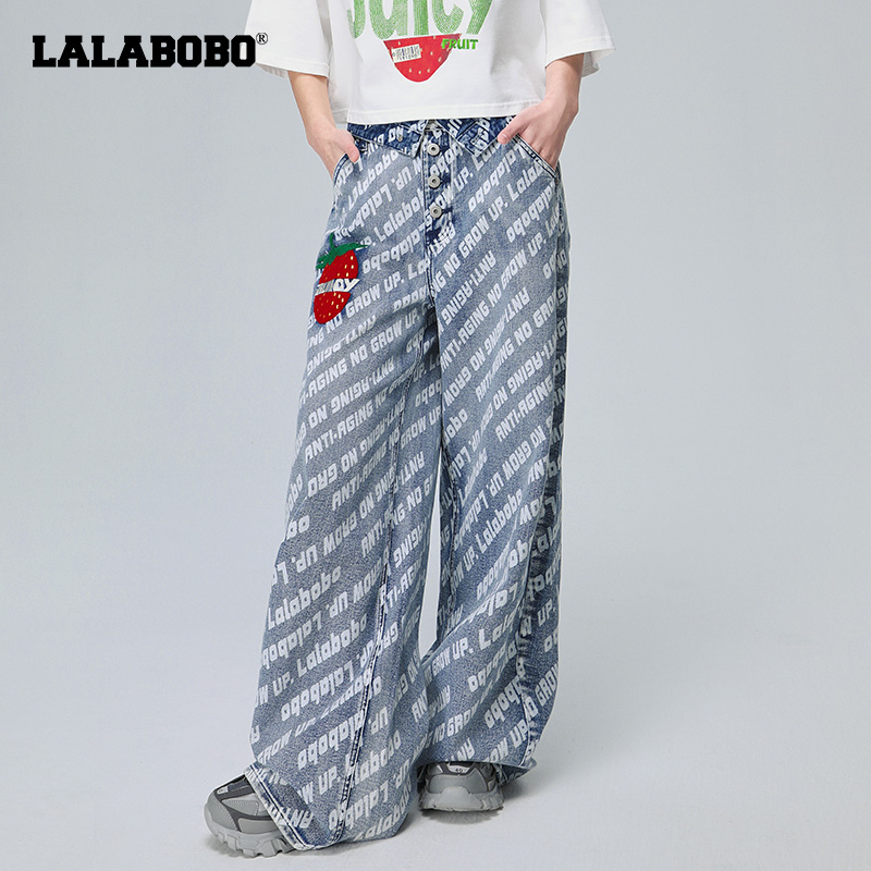 LALABOBO刺绣阔腿字母高腰牛仔裤