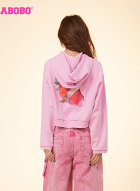 悦悦同款LALABOBO短款韩系慵懒风蜡染草莓连帽卫衣女|LBDA-WSTS43