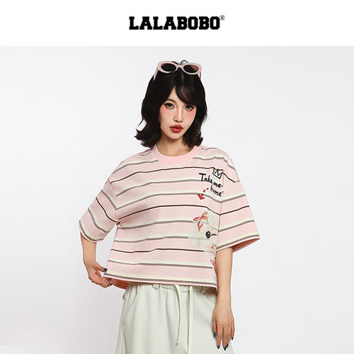 LALABOBO条纹小狗短袖T