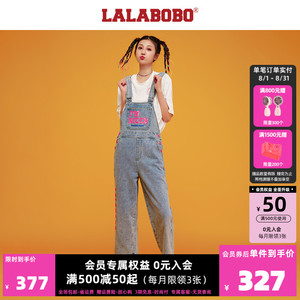 LALABOBO美式 秋新款复古字母亮片高腰牛仔背带裤女|L21E-WLZT11