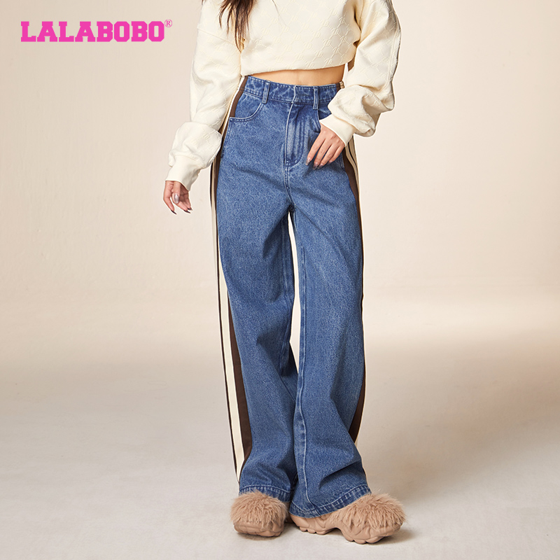 高腰直筒阔腿侧条拼接牛仔裤