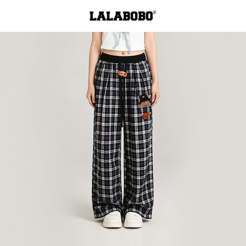 LALABOBO邓佳鑫小熊头格子梭织裤