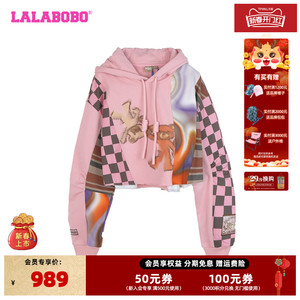 LALABOBO24春季新品小熊拼接格纹时尚套头连帽卫衣女|LBDA-WSTS23