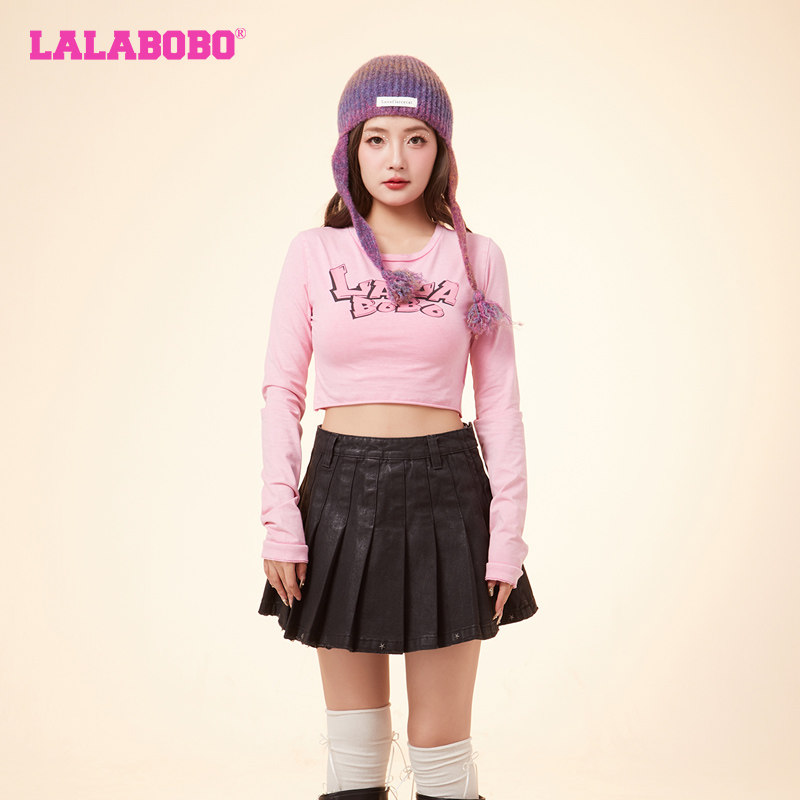 LALABOBO26夏新打底衫纯色可爱短款圆领字母长袖T恤女LB