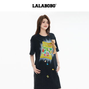 【李春嫒同款】LALABOBO25年夏新款T恤裙女原创潮短袖中长款上衣