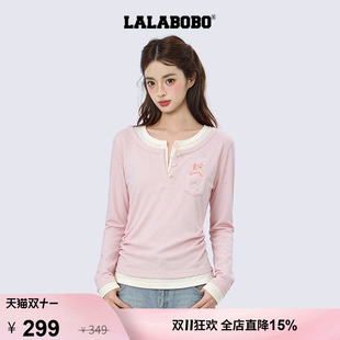 【拾空梦偶记】LALABOBO长袖T恤女26秋新粉闪钻蝴蝶结假两件上衣