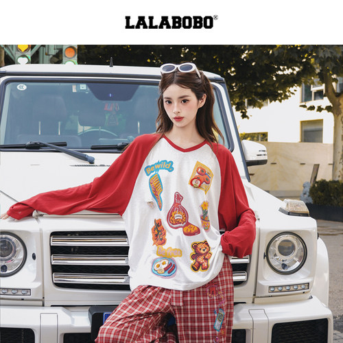 LALABOBO拼豆V领长袖T