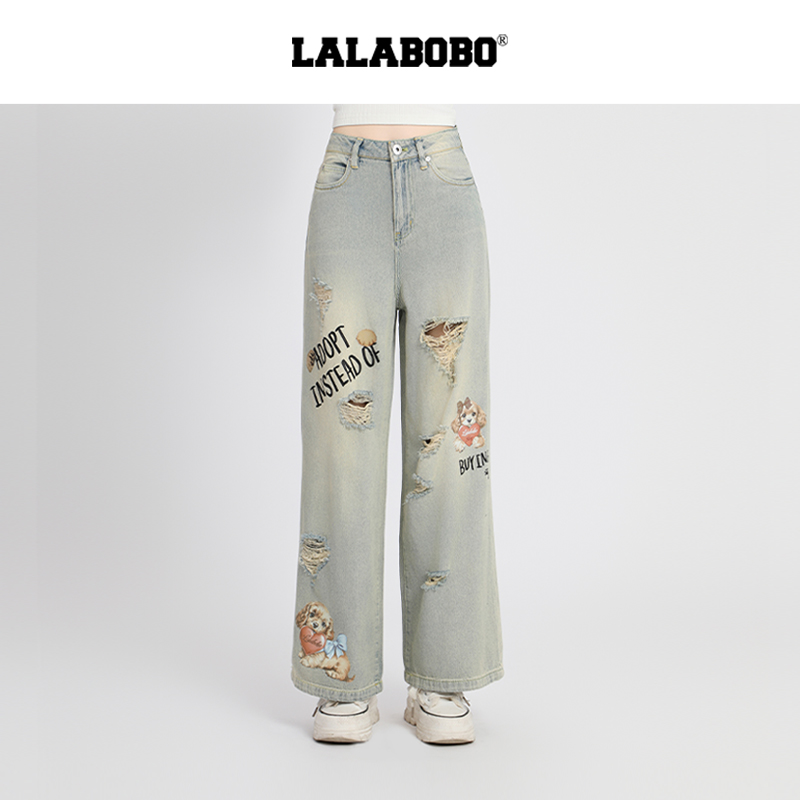 LALABOBO巧克力破洞牛仔裤