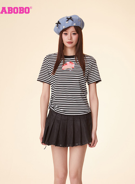 LALABOBO25春季新款宽松休闲蛋糕黑白条纹短袖T恤女|CBDB-WSDT13