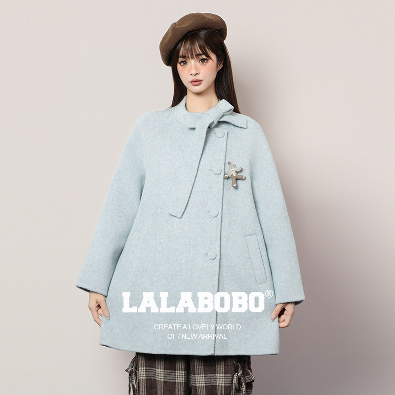 LALABOBO蝴蝶结小熊呢子大衣