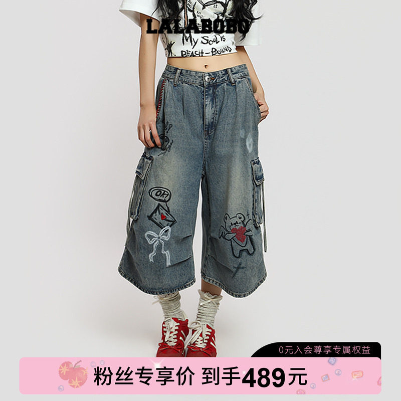 LALABOBO李小冉涂鸦七分牛仔裤图片