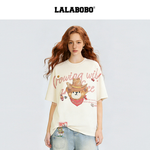 【西部小熊】LALABOBO短袖T恤26年春新潮原创复古风印花圆领上衣