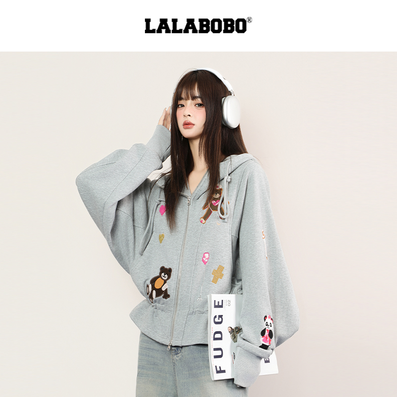 LALABOBO抽绳收腰开襟连帽卫衣