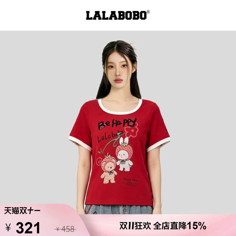 【复古野餐】LALABOBO修身半袖T恤26年夏新原创印花高街显瘦上衣