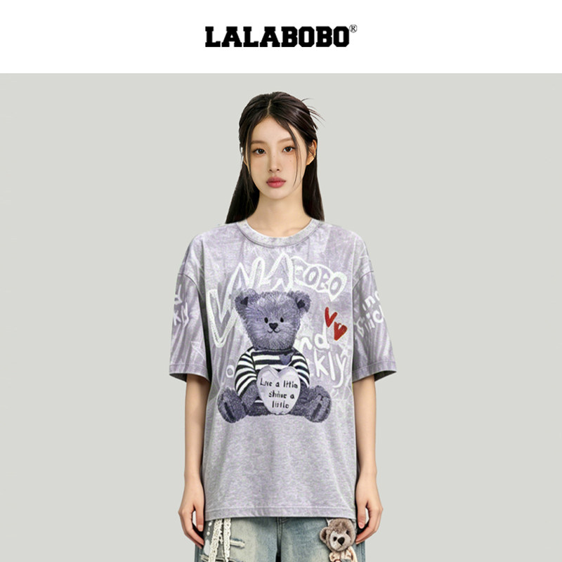 LALABOBO黑白熊一手长蕾丝短袖T
