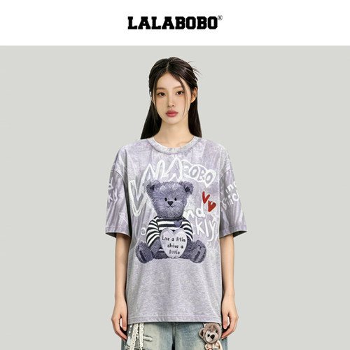LALABOBO黑白熊一手长蕾丝短袖T