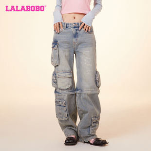LBDA 纯棉牛仔裤 WXZC31 LALABOBO春宽松复古休闲小熊工装 沈月同款