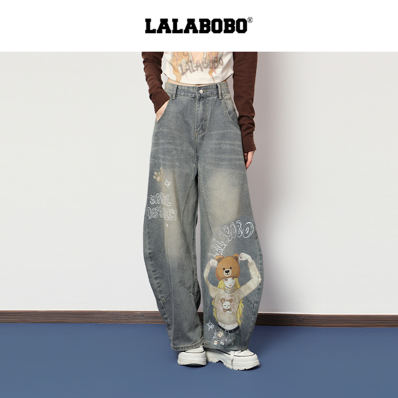 LALABOBO小女孩手绘弯刀牛仔裤