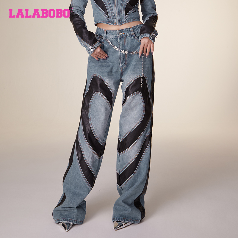 美式简约风图案拼接牛仔裤