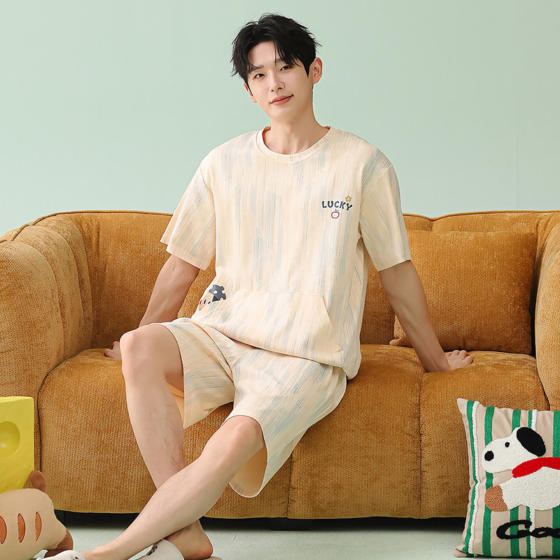纯棉睡衣男款2026新款夏季卡通条纹青少年短袖短裤男士家居服套装